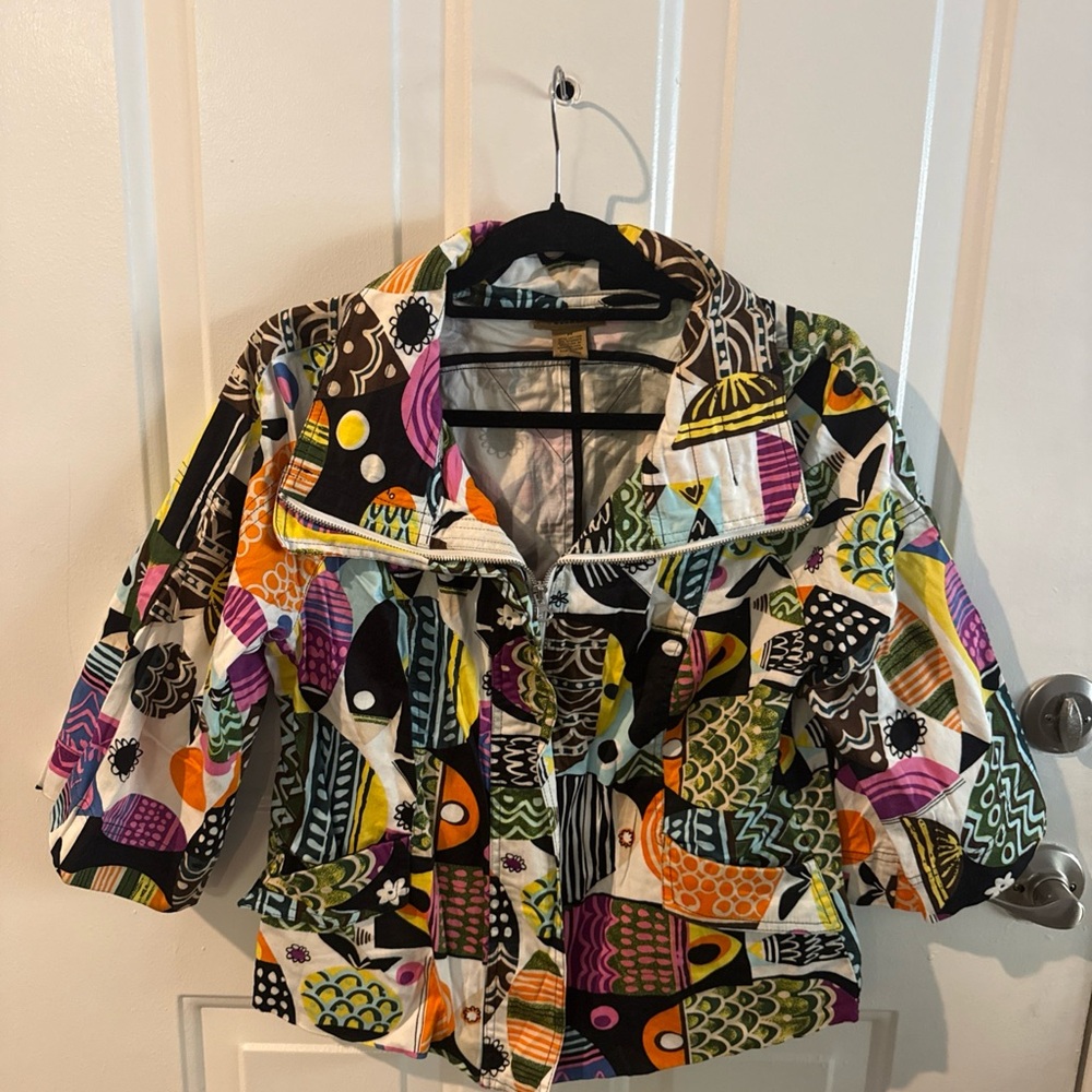 Peck and peck Colorful Abstract mod Art Women's Jacket medium 3/4 sleeve